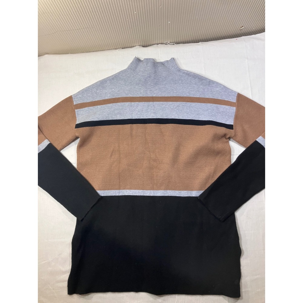Cynthia Rowley Mock Neck Color Block Sweater Women M Tan Black Gray Long Sleeve